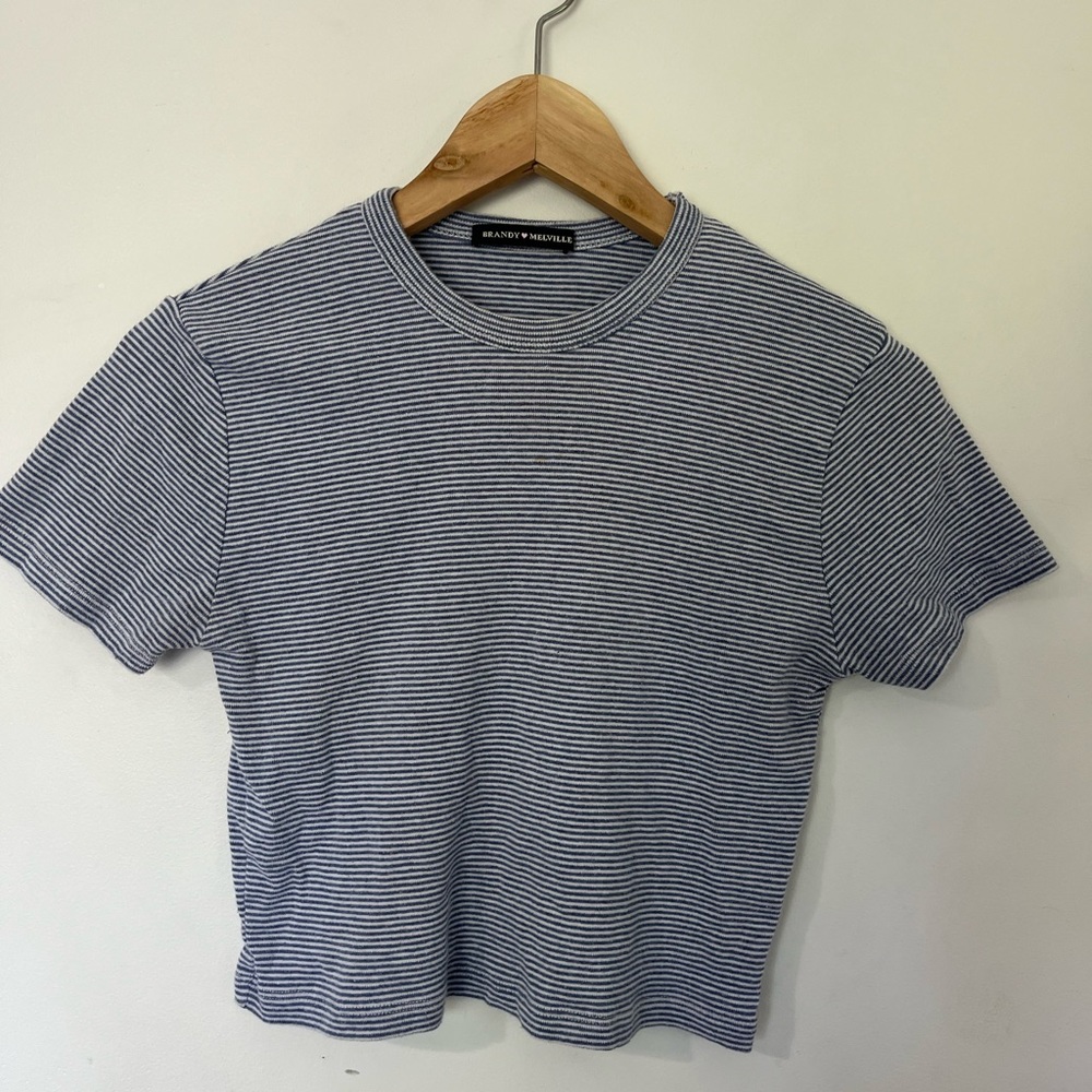 BRANDY MELVILLE STRIPED BLUE AND WHITE CROPPED TEE